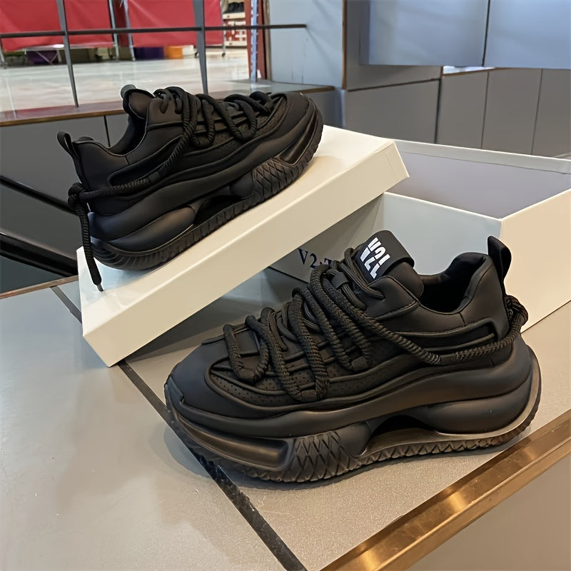 Erkaklar uchun sport uslubidagi krossovkalar, bir rangli, pastki qismi bog'ichli dizayn, qulay ichki mato, mustahkam PVC taglik va kundalik kiyish va yugurish uchun mato ichki taglik.