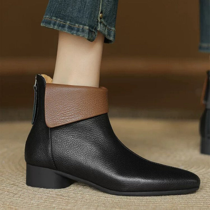 Women Ankle Boots Faux Cover Leather Mid-Heel Side Zipper Pointed Toe