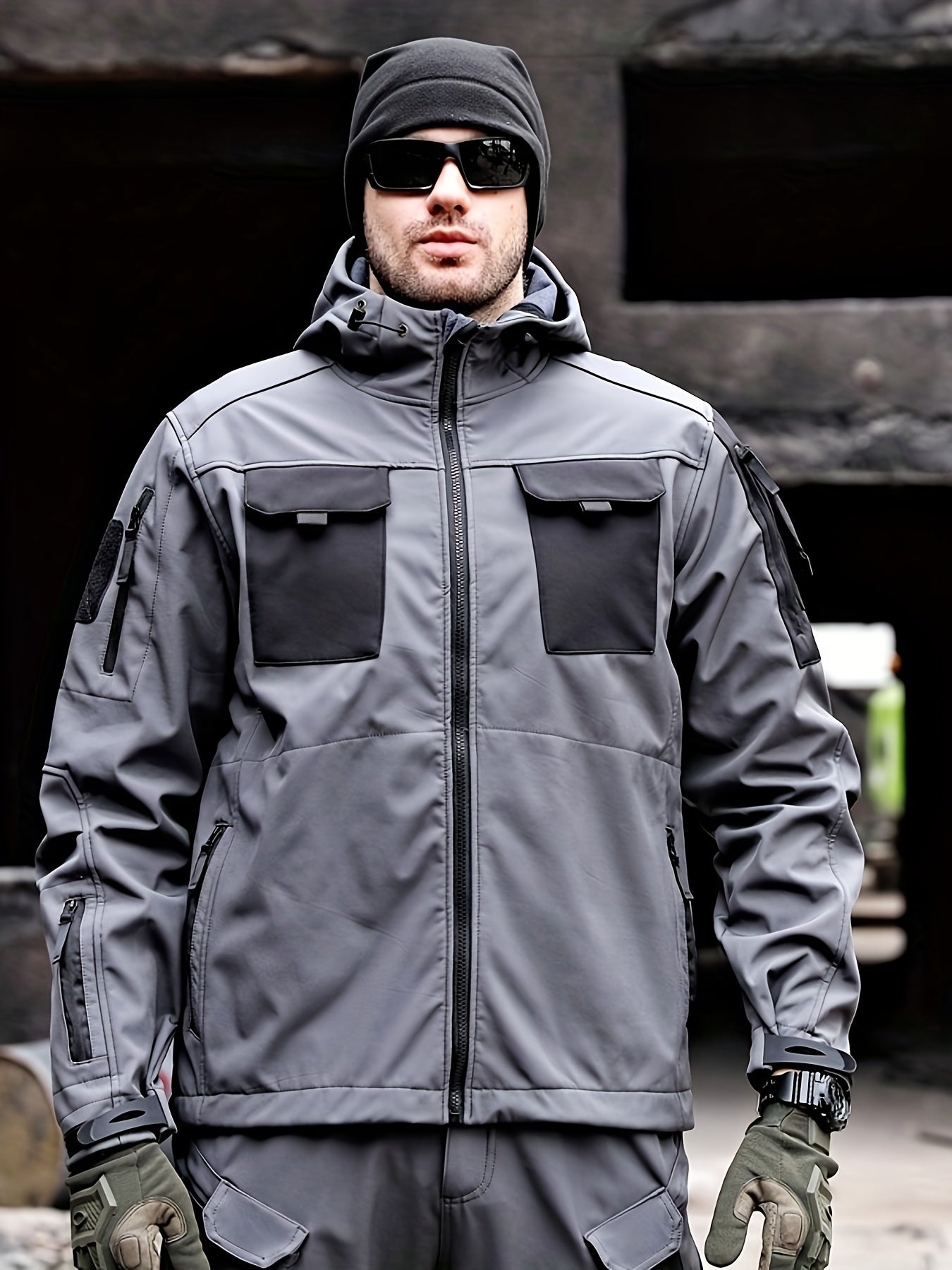 Men's Hooded Jacket with Pockets Waterproof Softshell Outdoor Coat for Hiking and Fishing