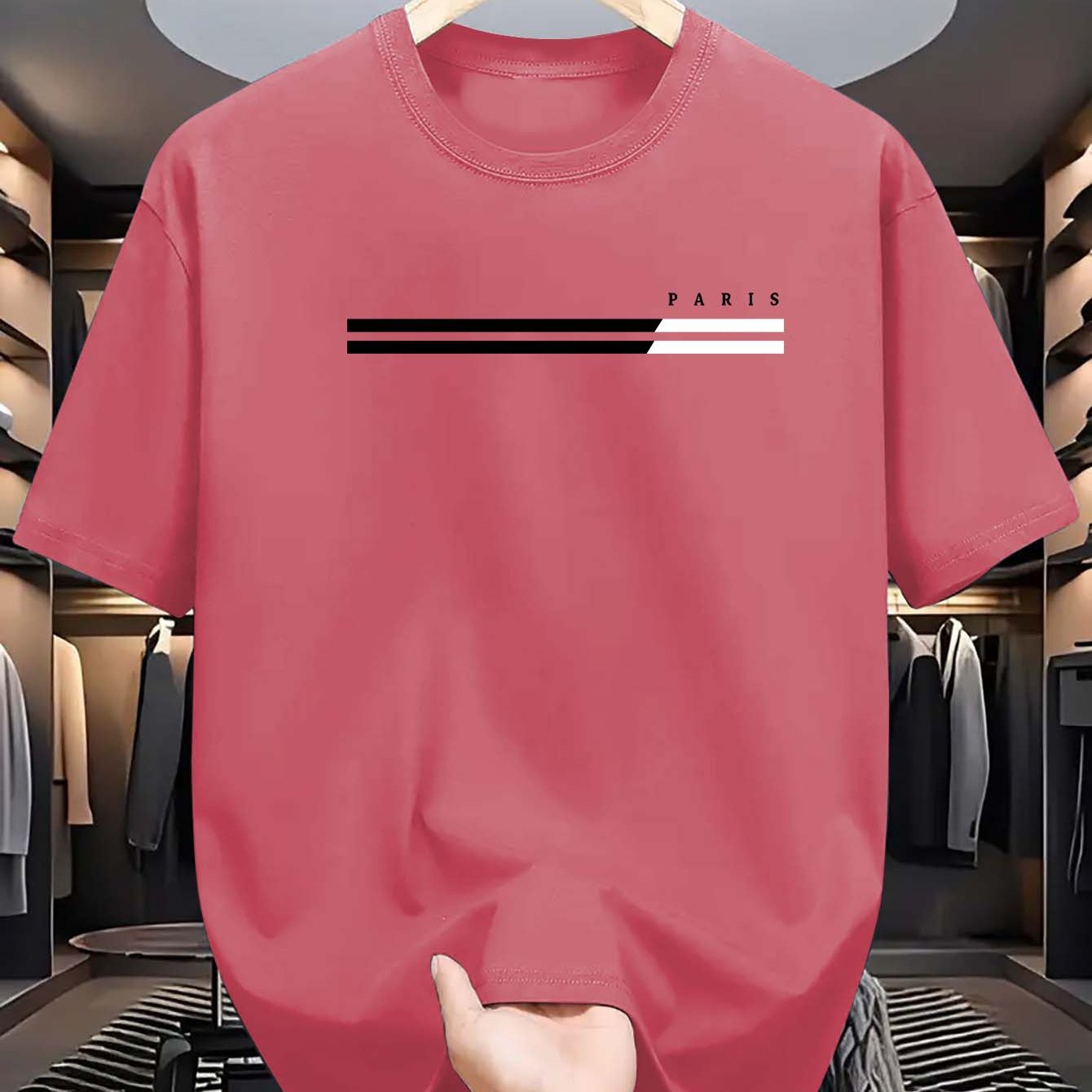 Erkaklar uchun tasodifiy krujka bo'yinli T-ko'ylak, 100% polyester to'qilgan matodan tayyorlangan. Ozgina cho'zilishi, qisqa yenglari bor va kattalar uchun zamonaviy va ko'p maqsadli.