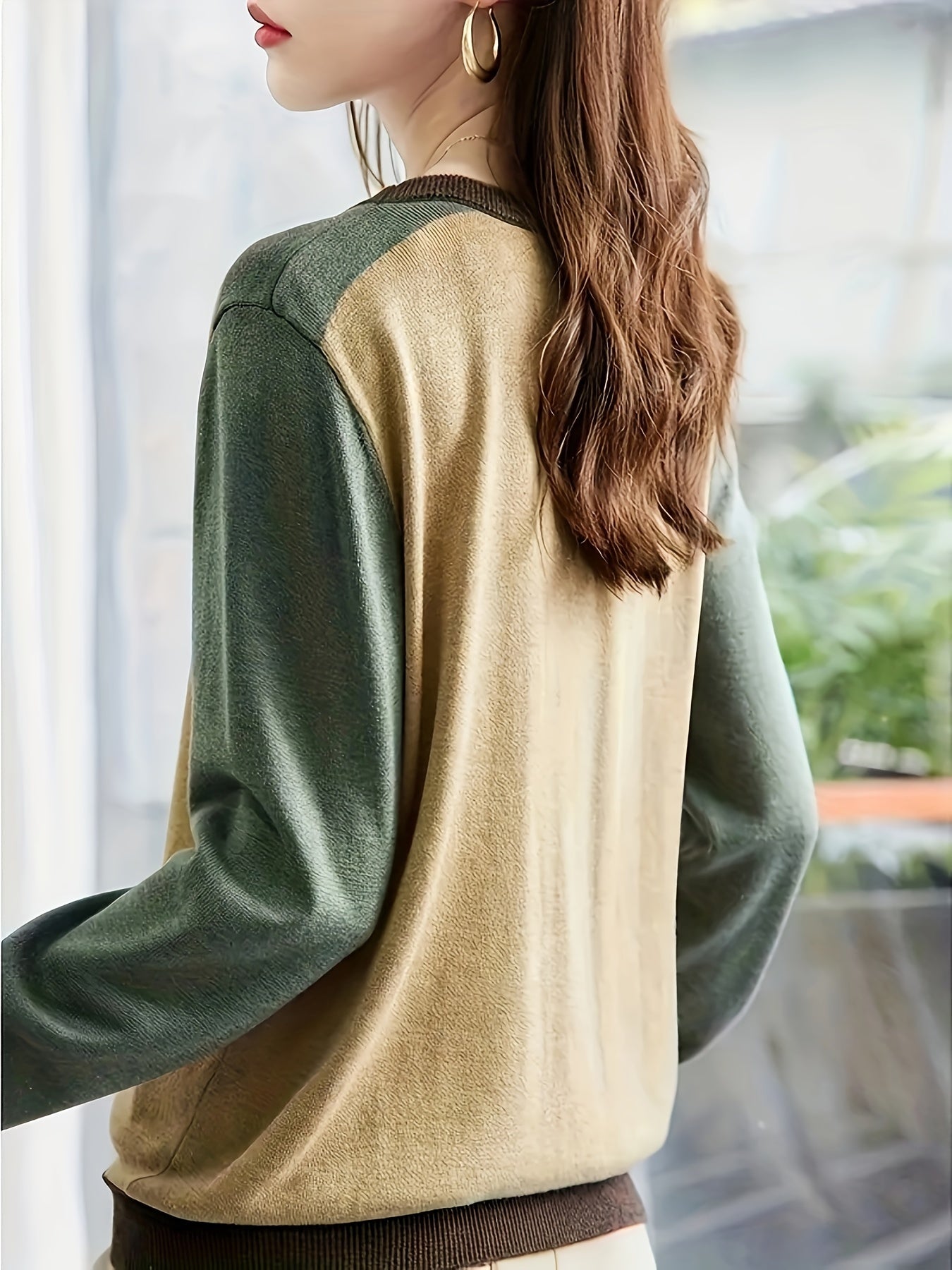 Plus Size Women Color Block Crew Neck Sweater Long Sleeve Knitted Pullover