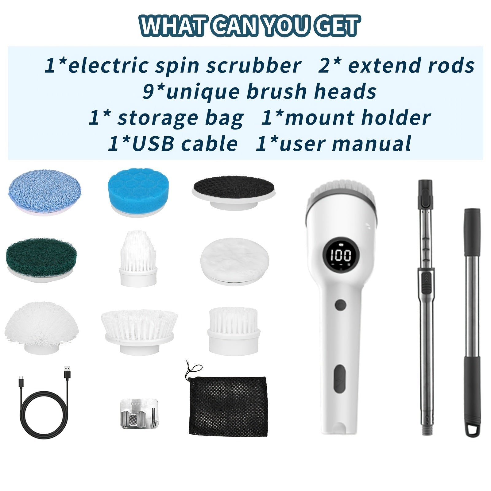 8 ta cho'tka boshli aylanuvchi elektr tozalash vositasi, sozlanadigan tezliklar, qayta zaryadlanuvchi