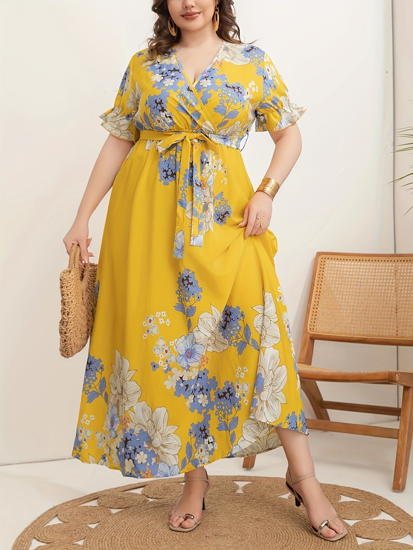 Women's Plus Size V-Neck Tunic Dress Polyester All-Season Striped Belt