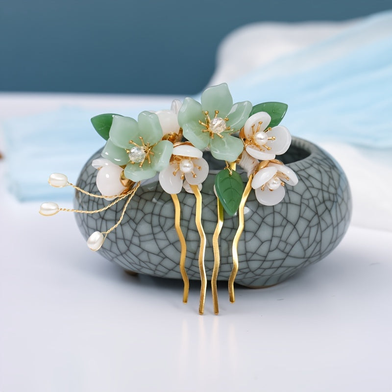 Vintage Bridal Hair Accessory with Green Glass Flower Leaves and Crystal Accents