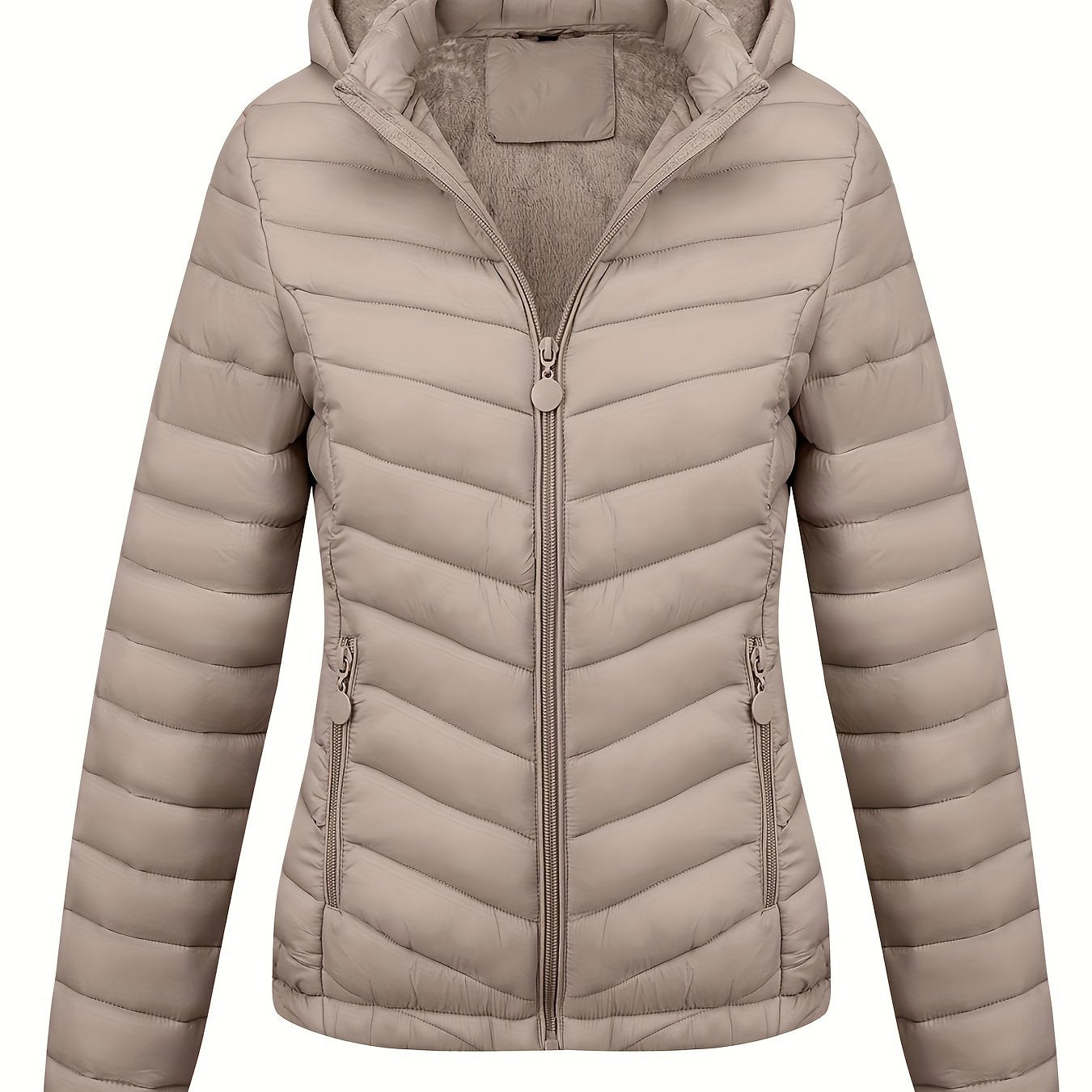 Abrigo acolchado con cremallera para mujer con bolsillos inclinados, manga larga, otoño e invierno, impermeable, no elástico