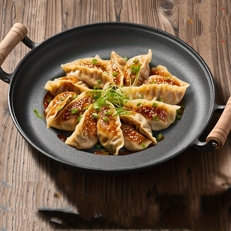 Sartén de hierro fundido con mango de madera, sartén antiadherente resistente al calor