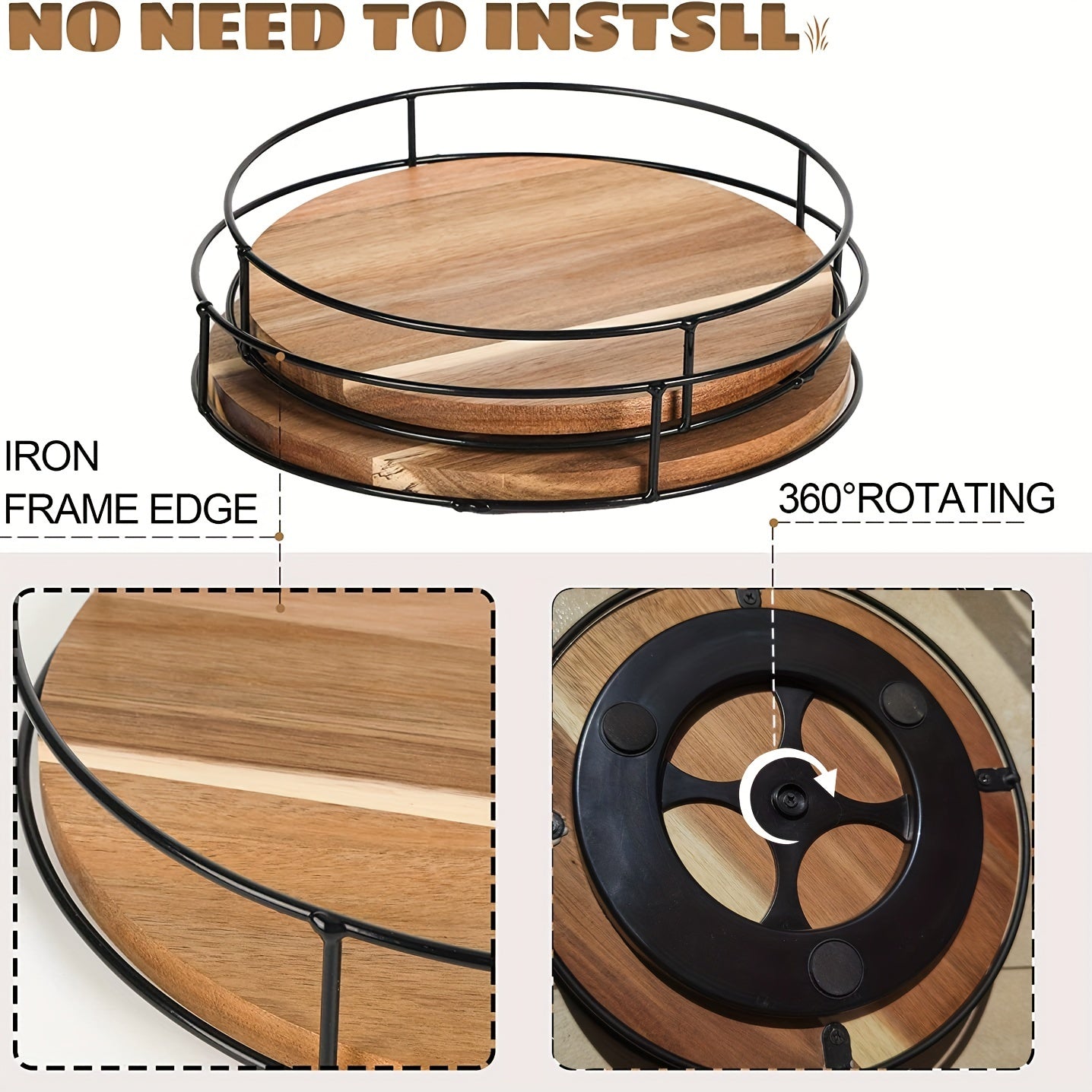 Wooden Makeup Organizer with Steel Handrails Rotating 360° Desktop Storage