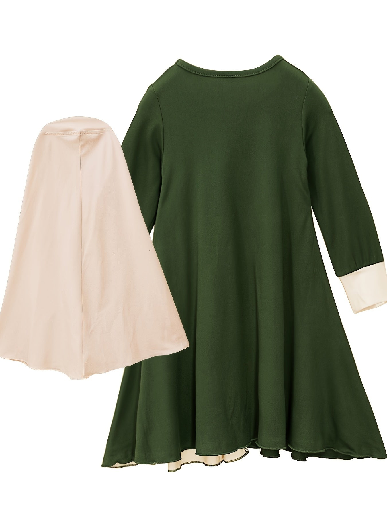 Girls Eid Al-Adha Dress Set with Headscarf Bowknot Design Polyester Solid Color