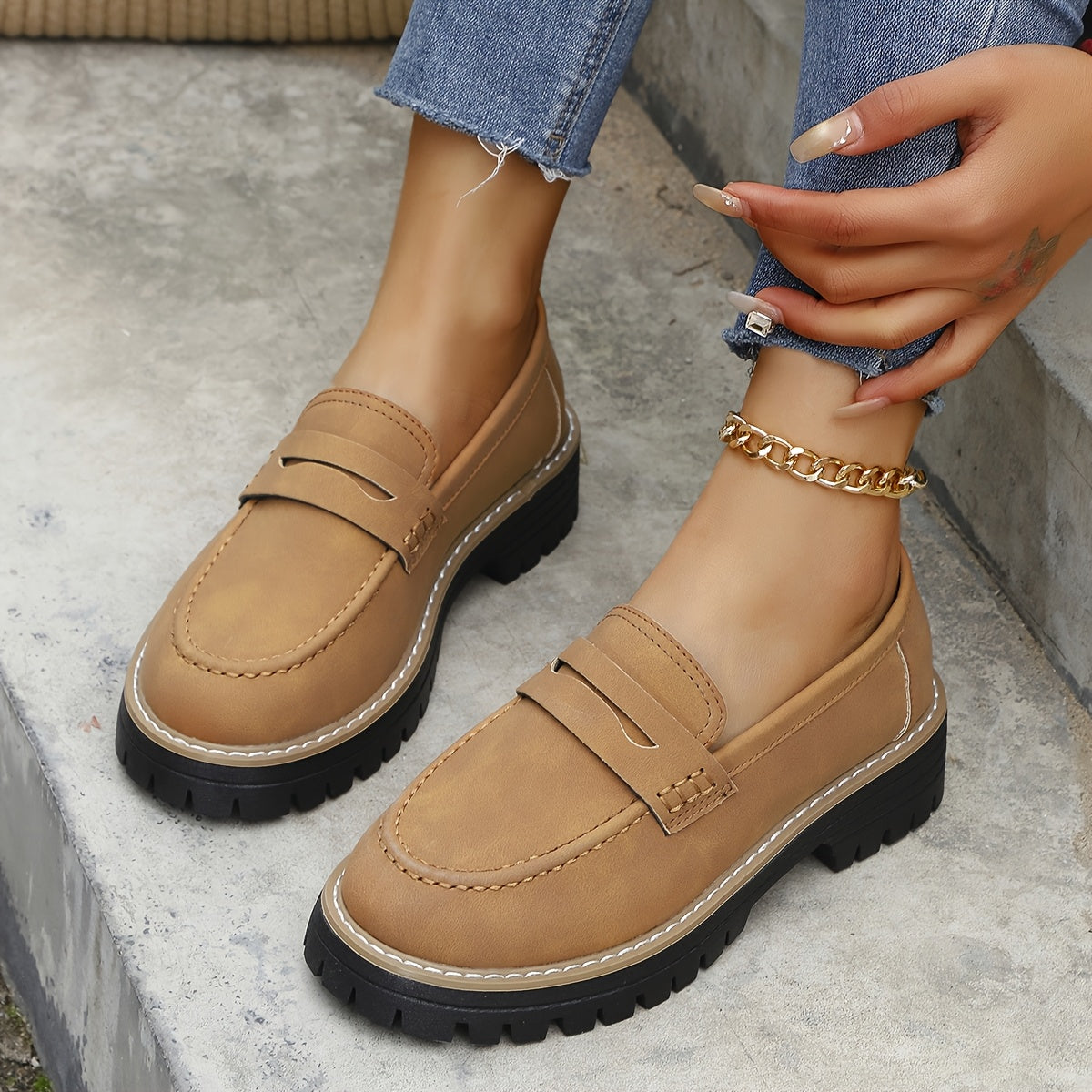 Women Vintage Penny Loafers Faux Leather Casual Slip-On Round Toe Durable EVA Sole