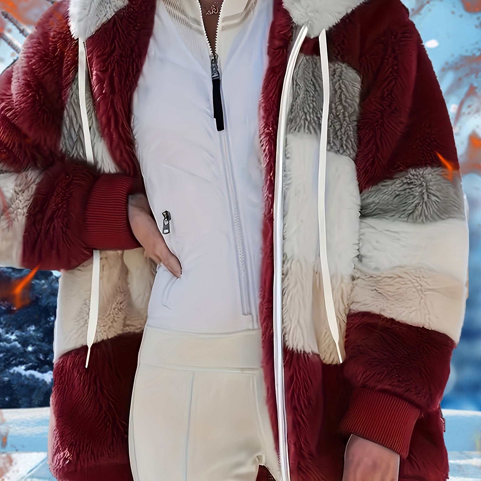 Ayollar uchun qishki lounge top, rangli blok dizayni, qalin fleece, old qismi zıppı, kapüşon va tortish ipli palto. lounge kiyimlari.