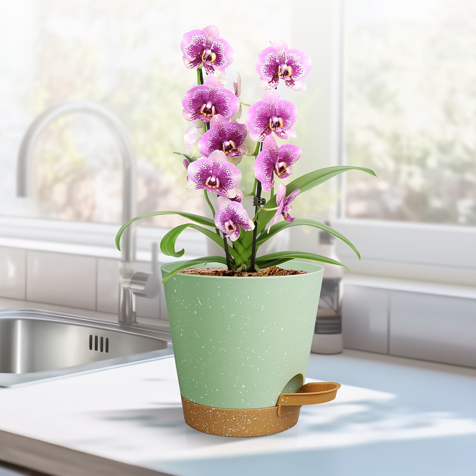 Set of 6 Modern Plastic Planters with Speckled Design Self-Watering Drainage Holes Indoor Outdoor