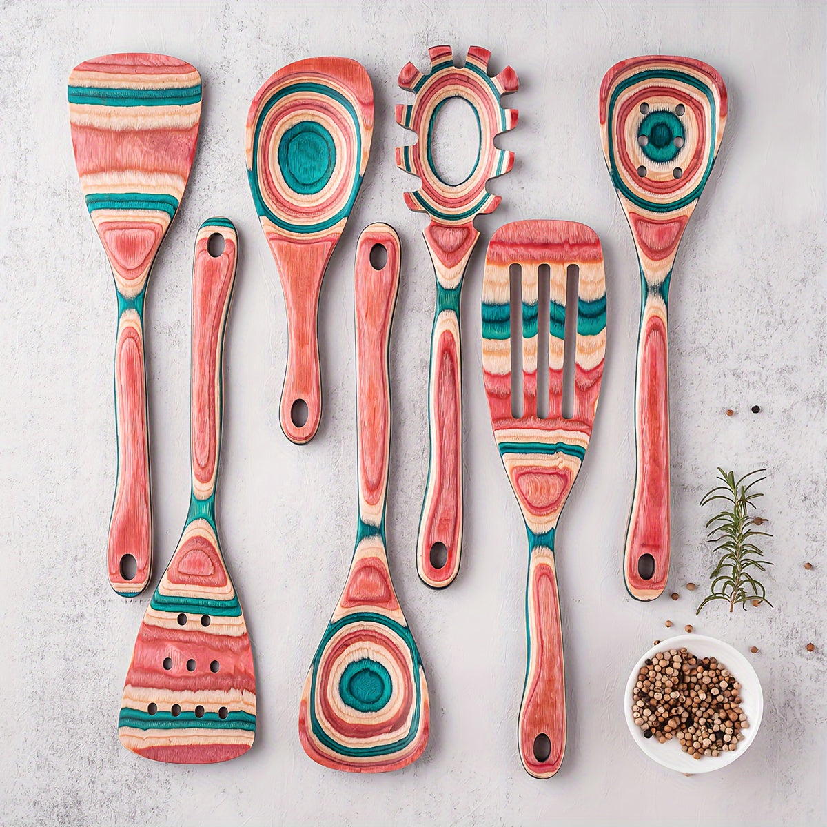 Pink Wooden Kitchen Utensil Set 7-Piece Non-Stick Heat-Resistant Cooking Tools