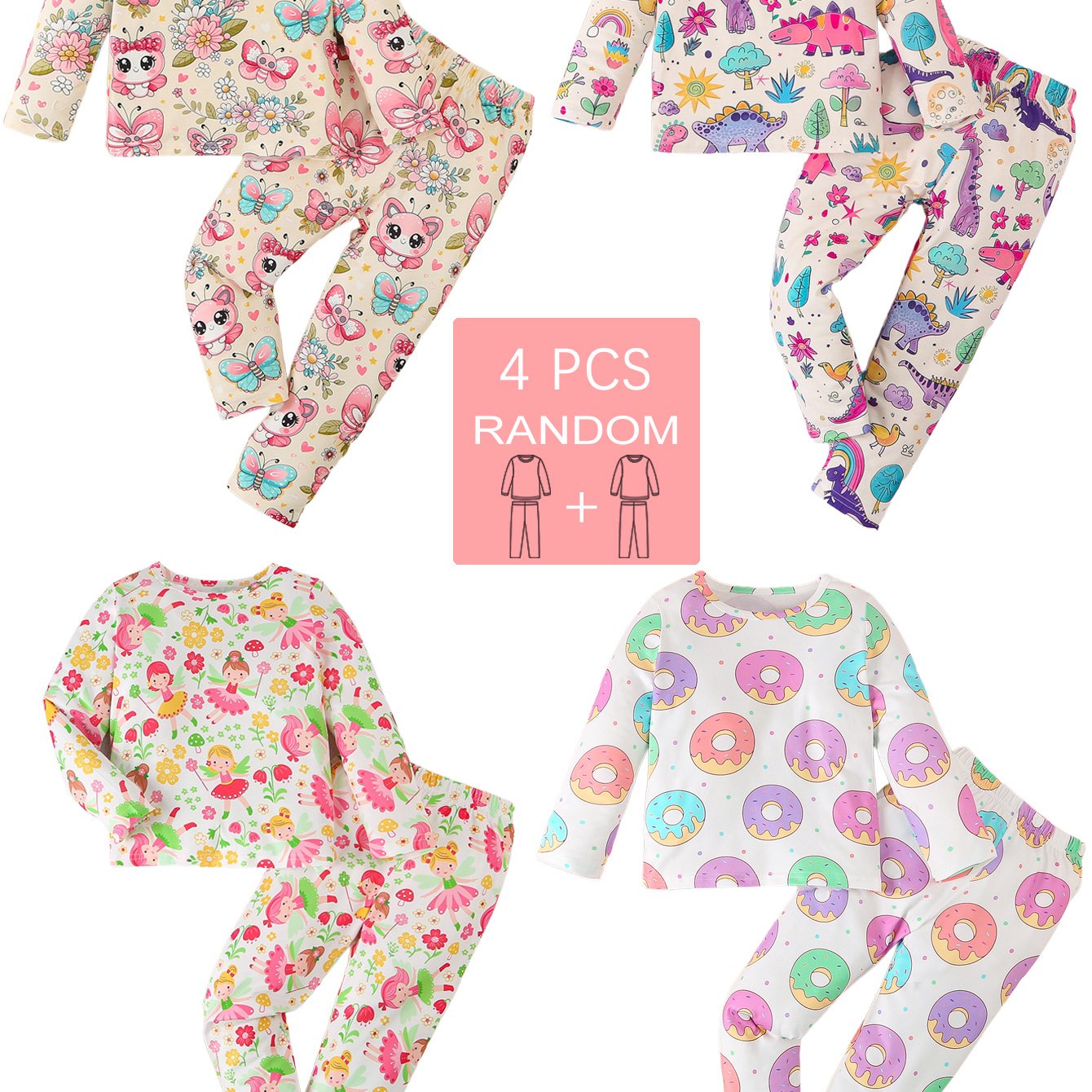 Girls' 4-Piece Pajama Set with Butterfly, Donut, Dinosaur Patterns in Polyester Blend for Kids