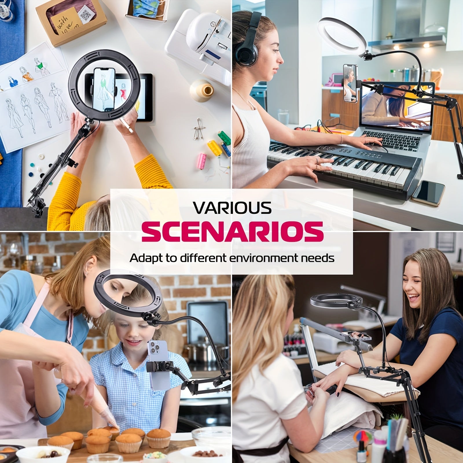 Алюминиовая подставка для телефона с кольцевым светом, крепление сверху для прямых эфиров, кулинарии, рисования, маникюра, черный