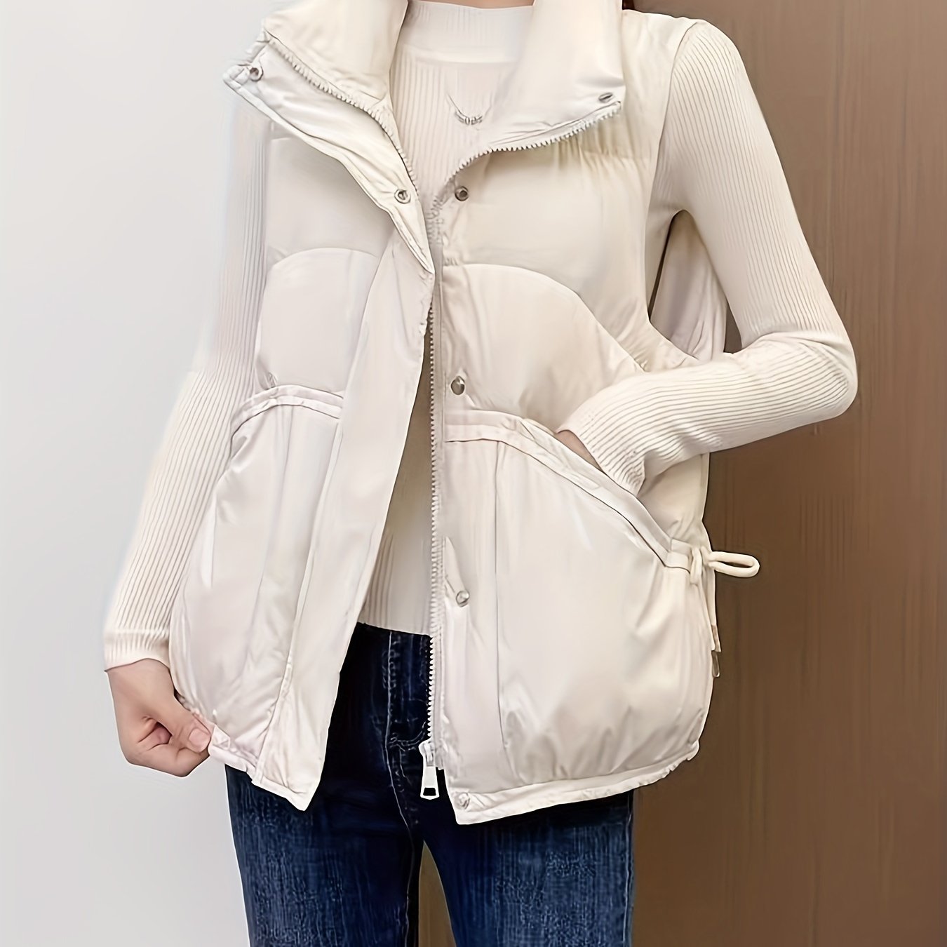 Women's Waterproof Sleeveless Puffer Vest in Solid Cream Polyester for Casual Wear