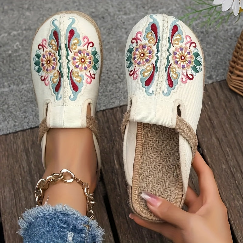 Women Floral Embroidered Fabric Slides Woven Espadrille Slip-On Sandals