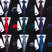 Men's Blue Jacquard Floral Tie Set with Pocket Square and Cufflinks for Weddings and Formal Events