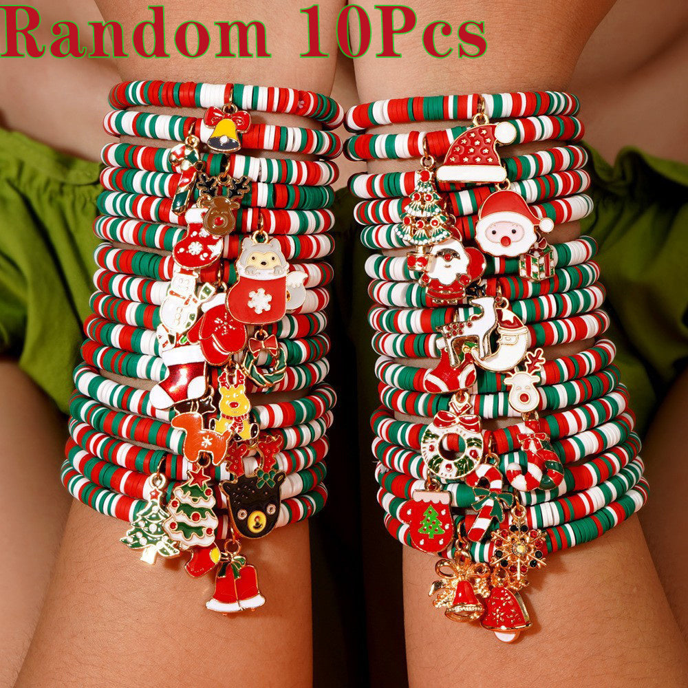 Set of 10 Bohemian Style Christmas Heishi Bracelets Adjustable Elastic with Ceramic Beads and Charms