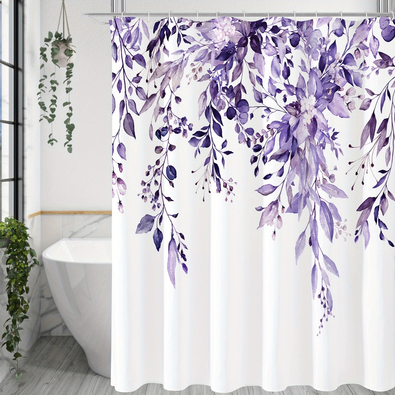 Waterproof Eucalyptus Shower Curtain with Watercolor Plant Leaves Floral Design Includes Hooks