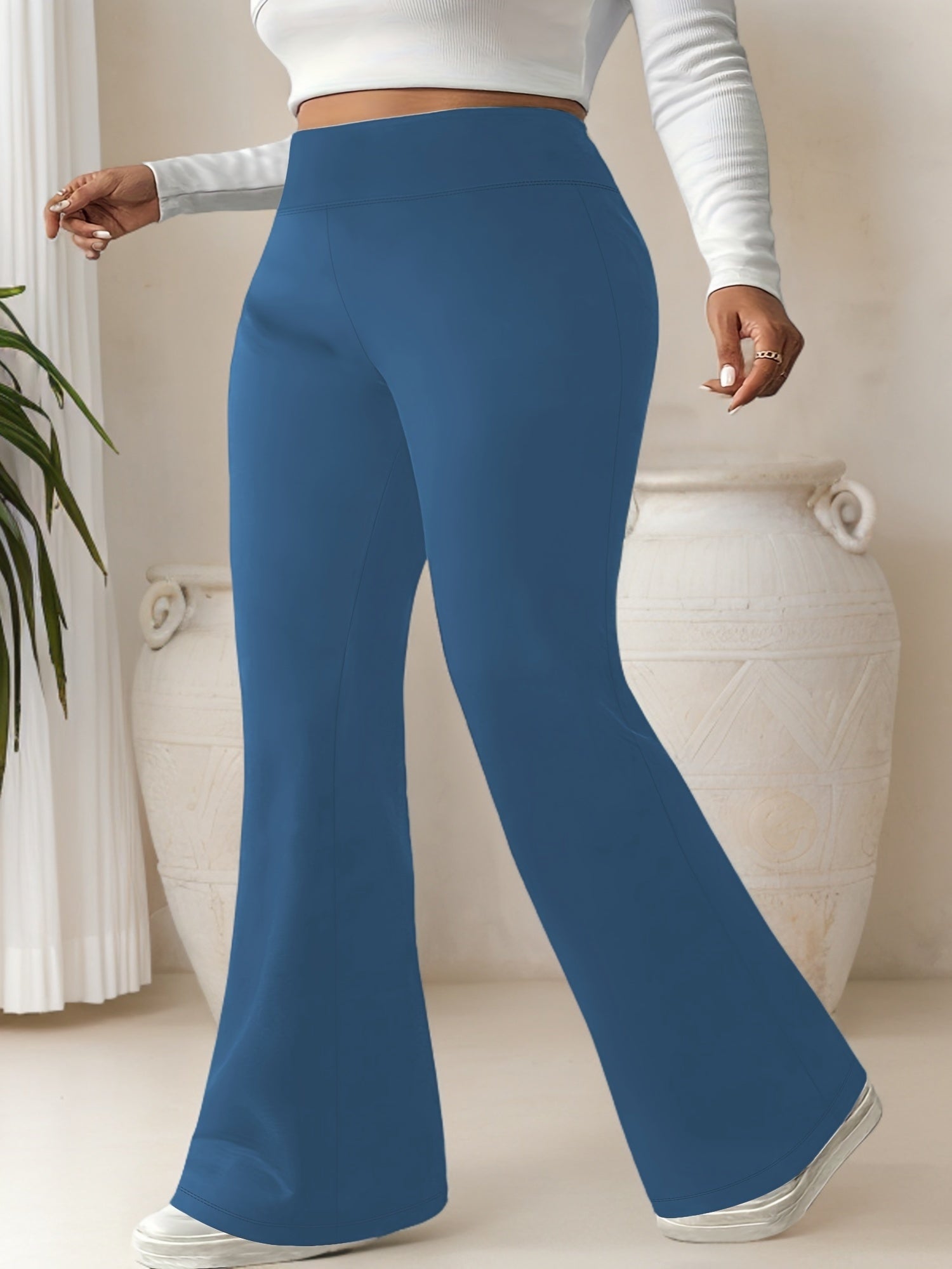 Plus Size High-Waisted Flared Pants Stretchy Solid Color All-Season Women's Trousers