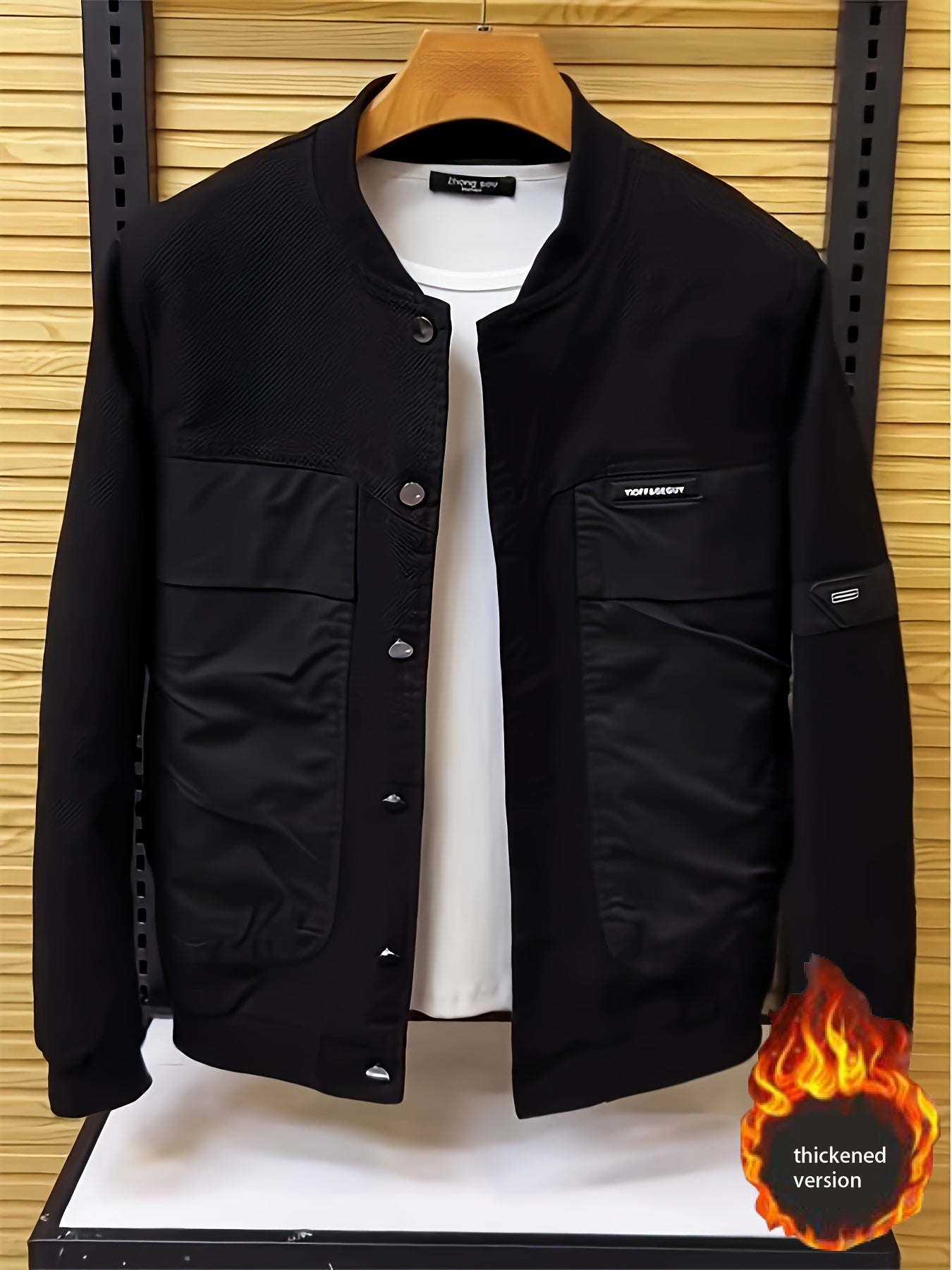 Men's Bomber Jacket Polyester Solid Color Casual Korean Style Button-Up Pockets