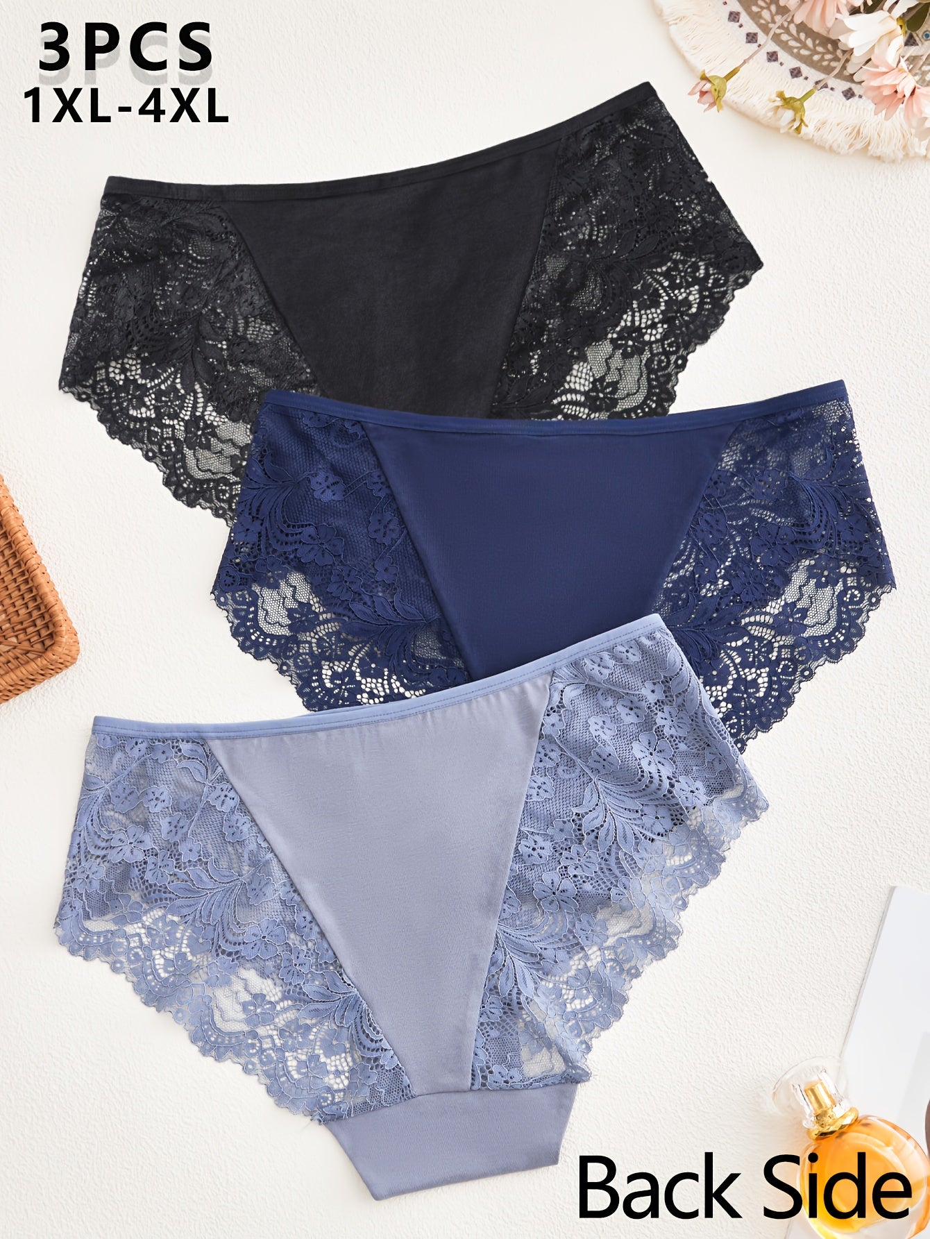 3-Pack Plus Size Lace Panties High-Waisted Floral Breathable Stretch Briefs