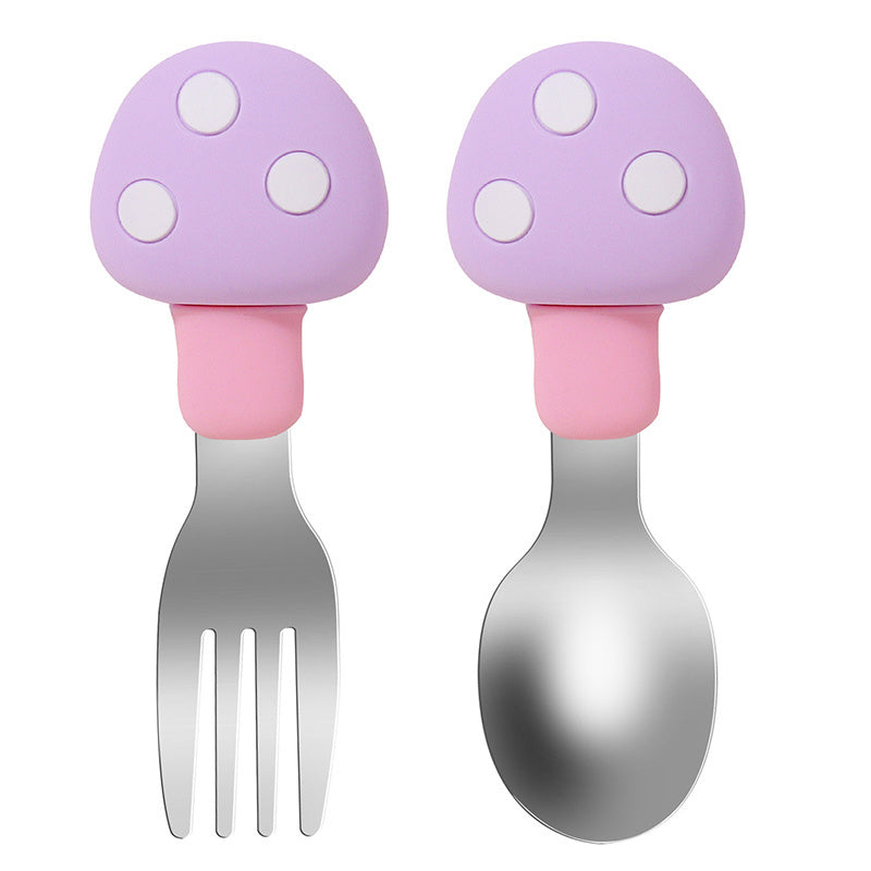 Set de utensilios de silicona para alimentar a bebés con diseño de seta, cuchara y tenedor