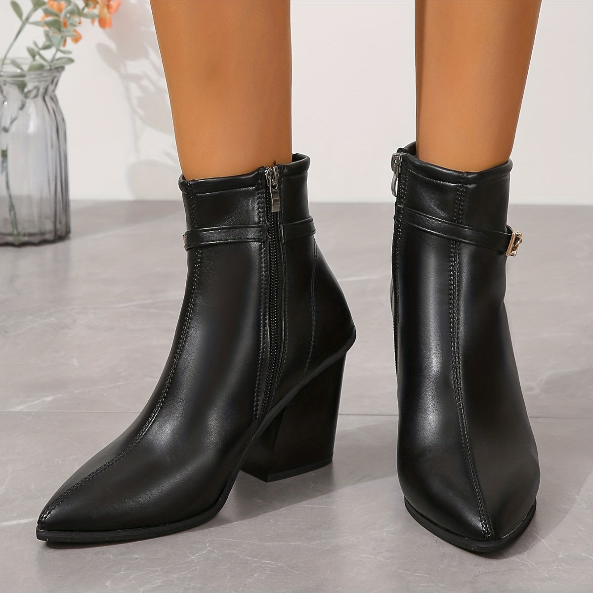 Women's Faux Leather Chelsea Ankle Boots Pointed Toe Chunky Heel