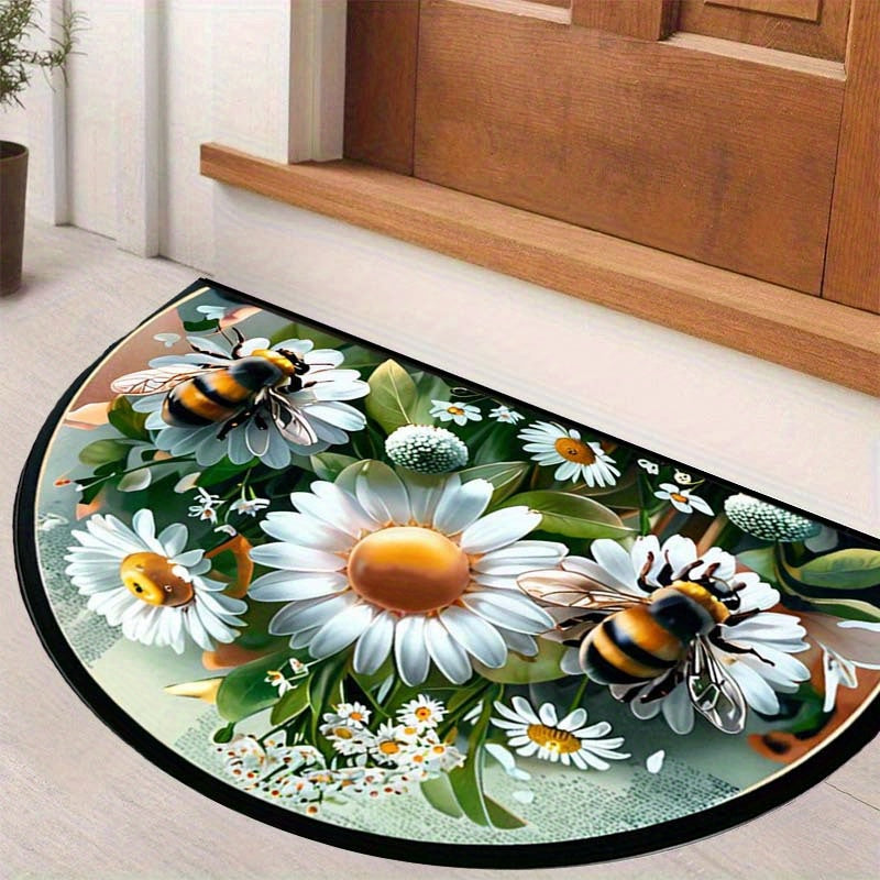 Semi-Circular Welcome Mat with Daisies and Bees Non-Slip Washable Polyester Indoor Outdoor Durable Entrance Rug