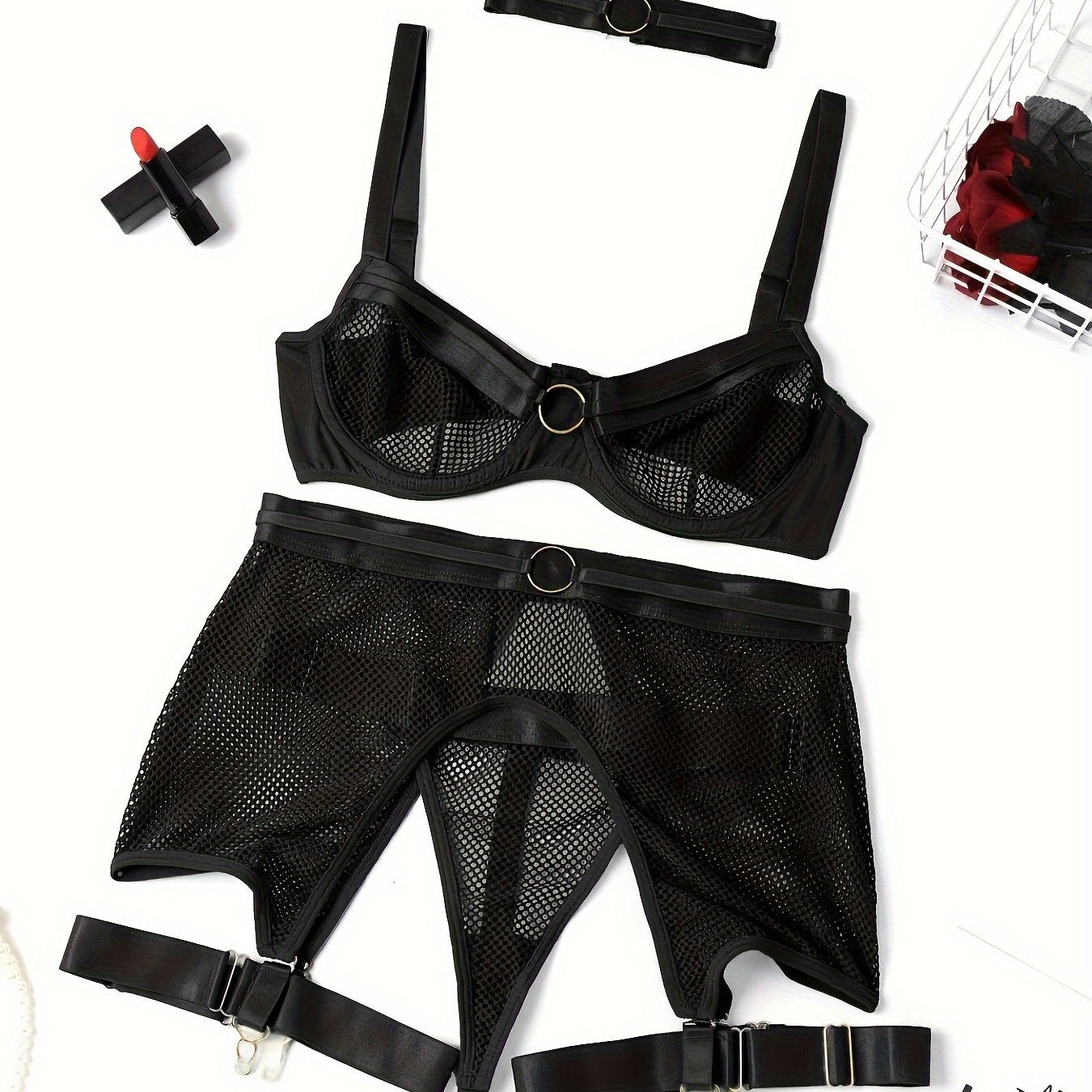 Women's Fishnet Lingerie Set with Ring Linked Bra Cut Out Thong and Girdle