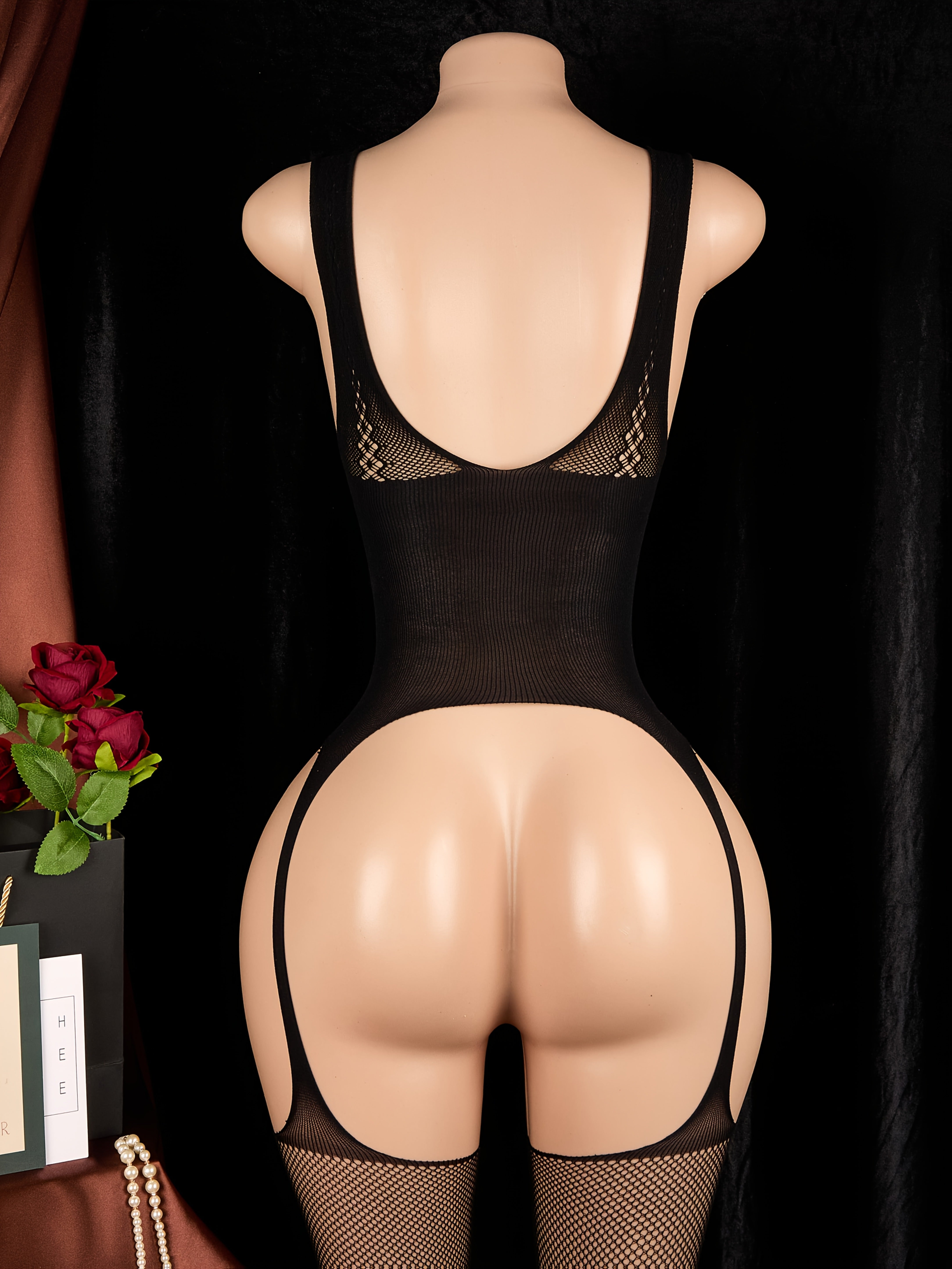 Women's Black Semi-Transparent Short Sleeve Body Suit with Flower Pattern