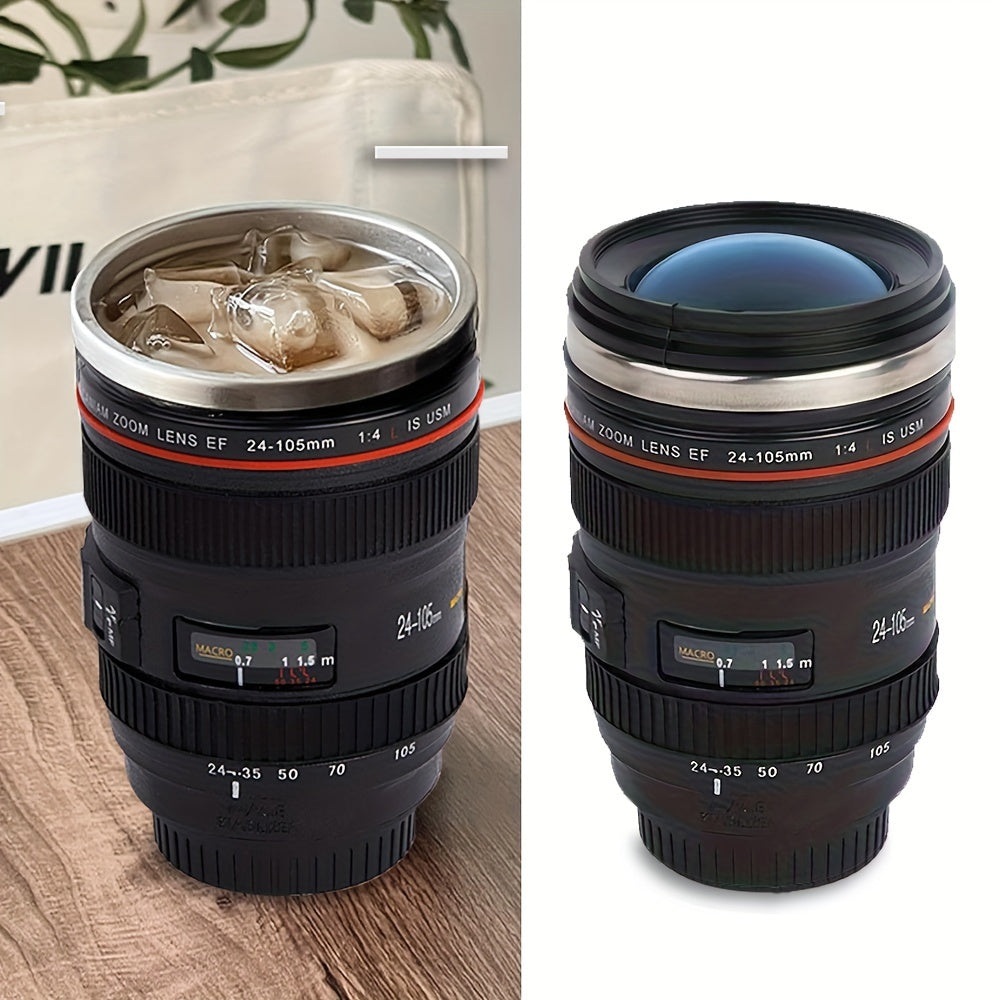 Stainless Steel Camera Lens Coffee Mug with Retractable Lid Travel Cup BPA-Free Novelty Drinkware