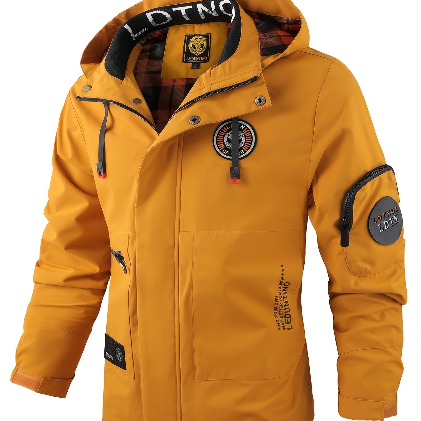 Chaqueta ligera casual de poliéster para hombre con múltiples bolsillos y capucha con cordón