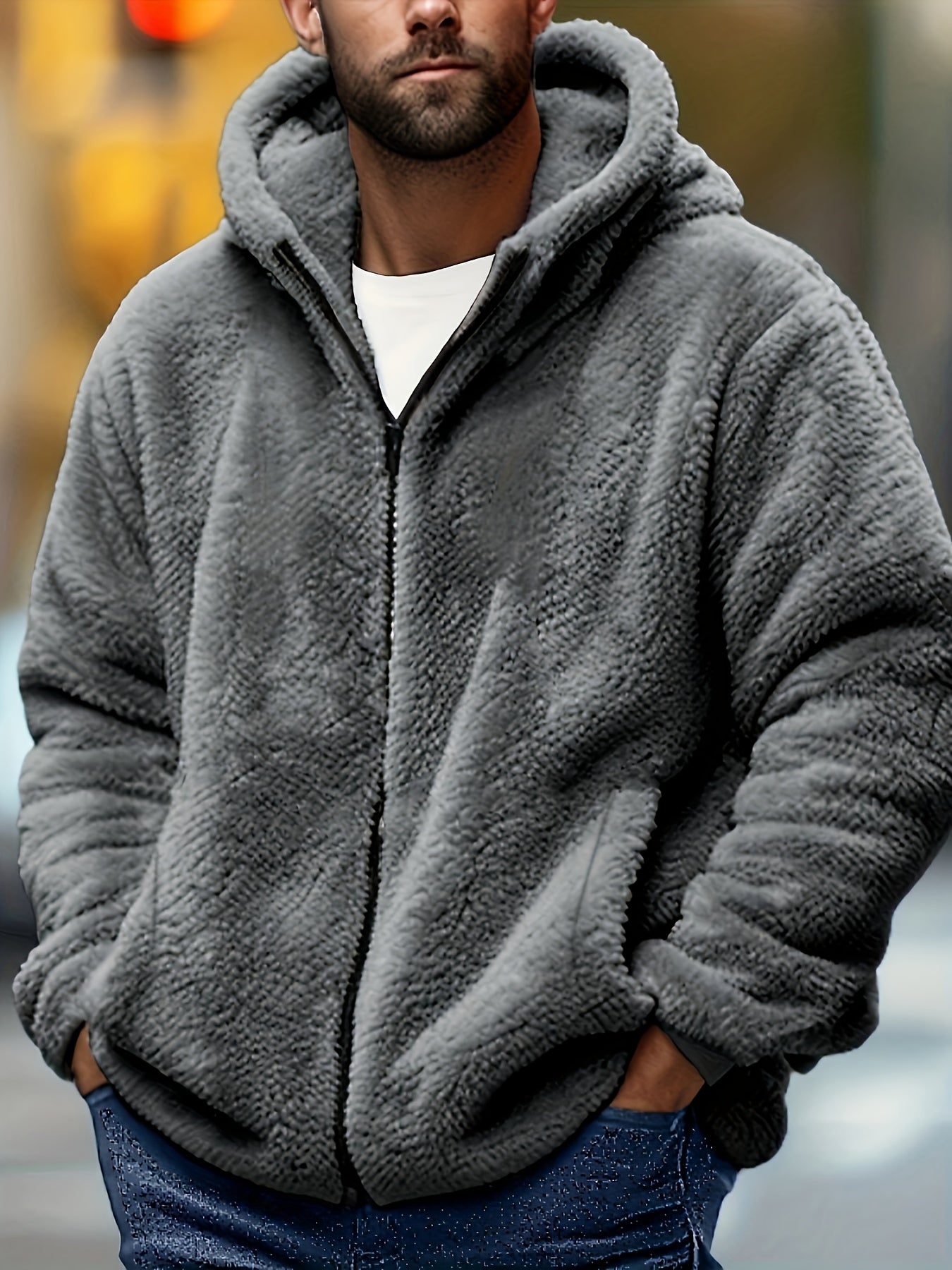 Erkaklar uchun kapüşonli jaket, ichki qismi fleece bilan qoplangan, qish va kuzda ochiq havoda kiyish uchun mos. Sovg'a sifatida ajoyib.