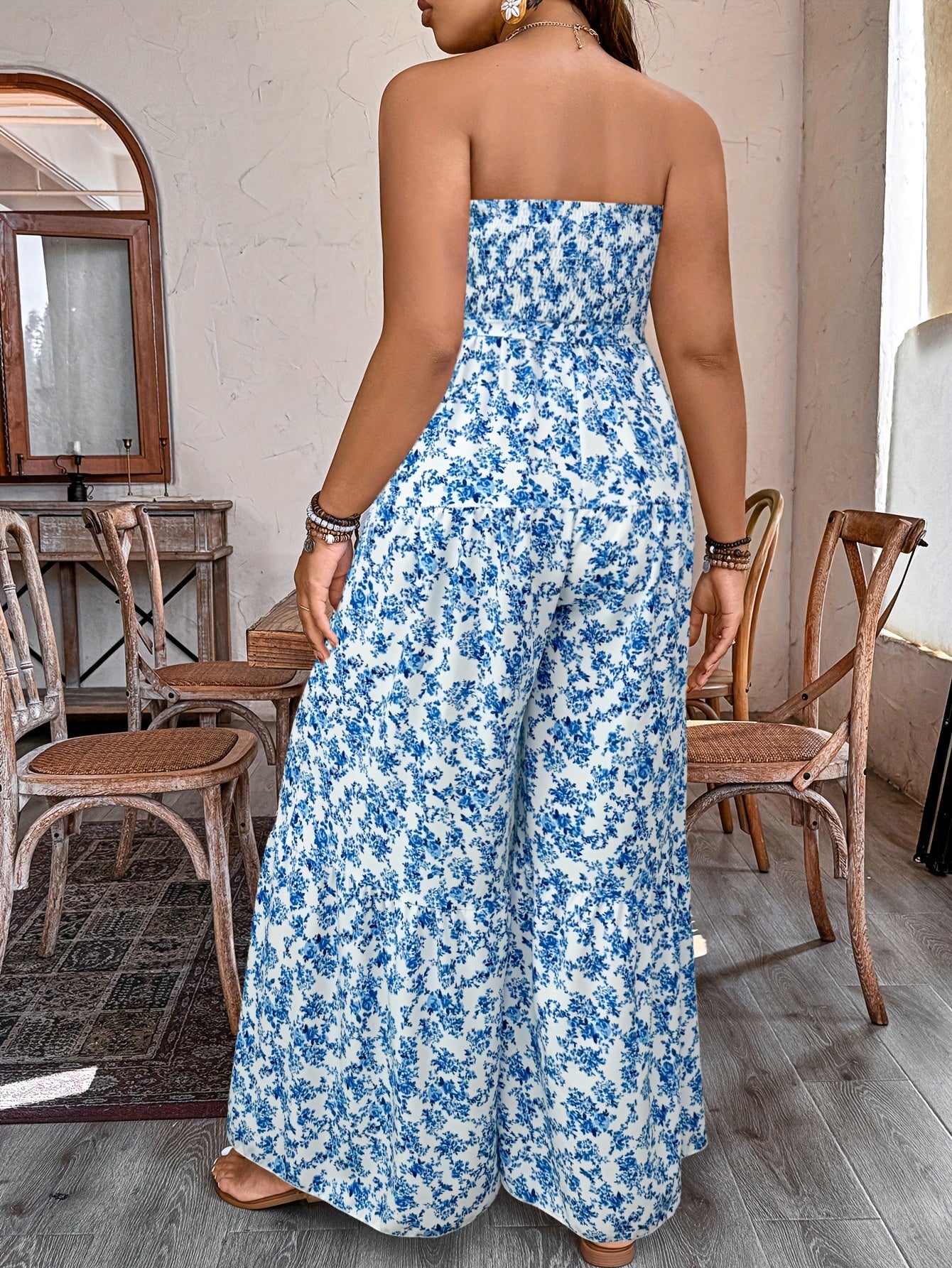 Women's Plus Size Floral Off-Shoulder Wide-Leg Jumpsuit Blue Vacation Casual