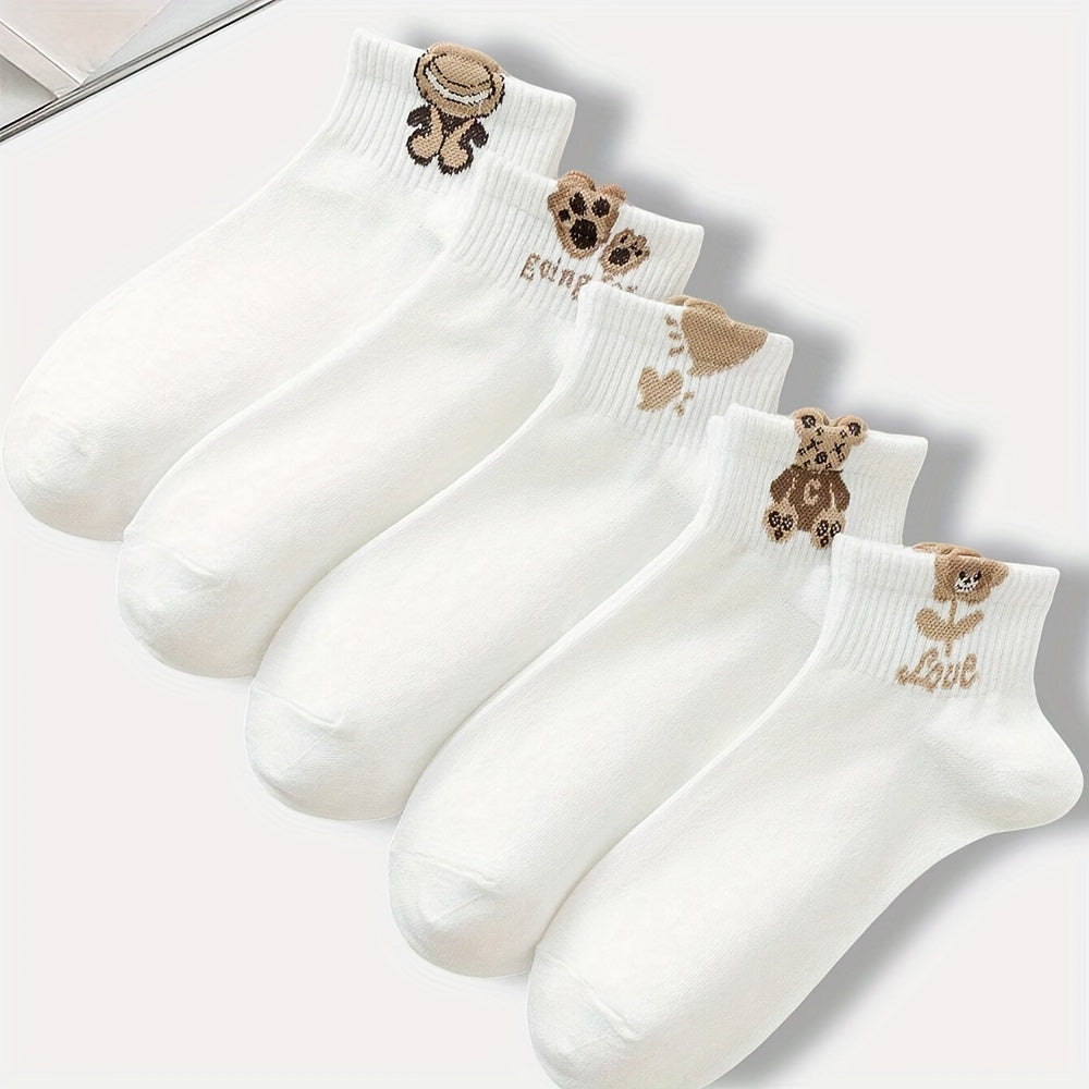 Pack de 5 calcetines cortos con estampado de dibujos animados blancos para mujer, de tela de punto transpirable