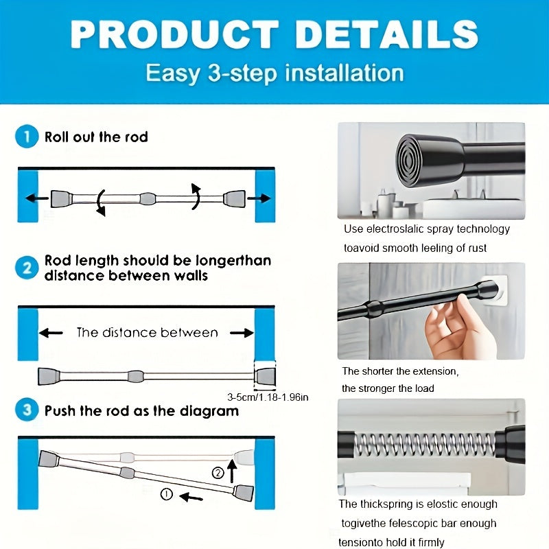 Telescopic Curtain Rod for Shower, Clothes Drying, Hanging, No Drilling
