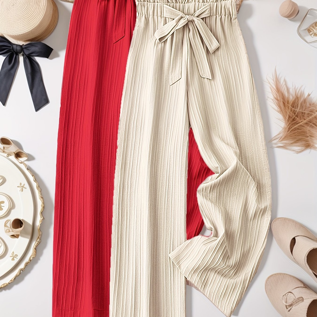 Women's Plus Size Pleated Striped Pants with Bow Detail Two Pack