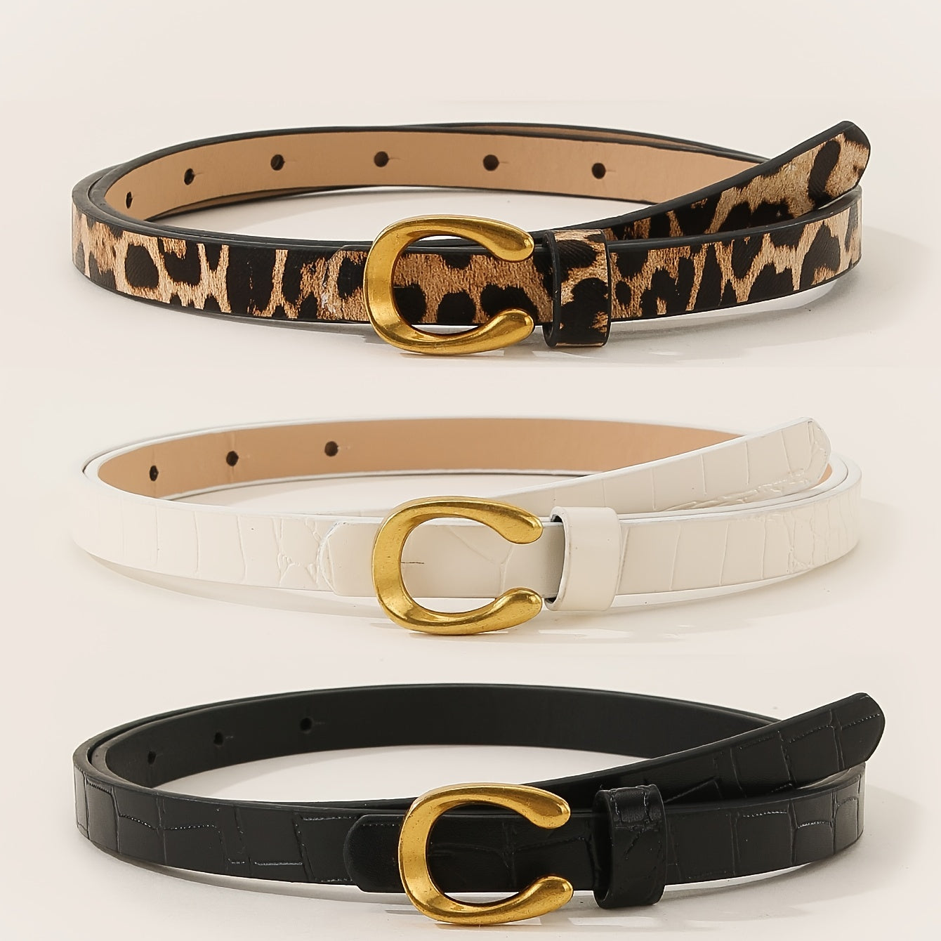 Set of 3 Leopard and Letter Print Women's Belts with U-Shaped Alloy Buckle