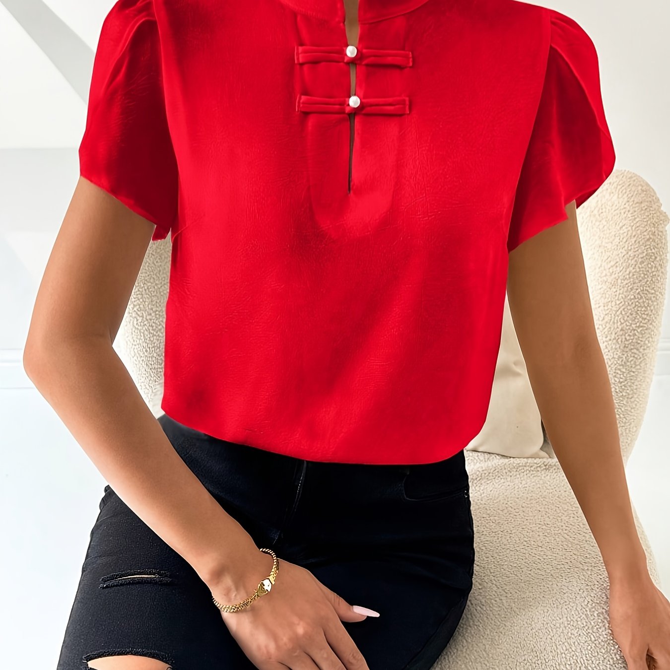 Women's White Breathable Polyester Blouse with Stand Collar and Ruffle Details