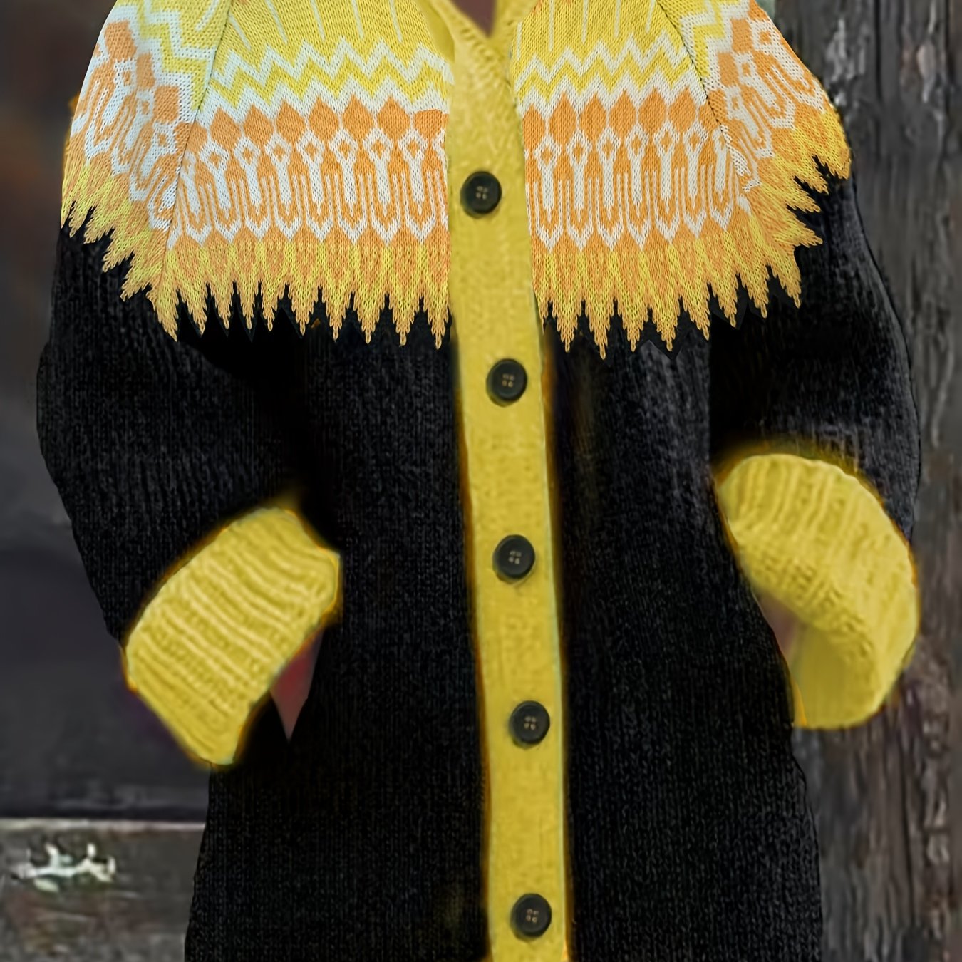 Plus Size Womens Cozy Geometric Pattern Cardigan Hooded Long Sleeve Sweater Black Yellow