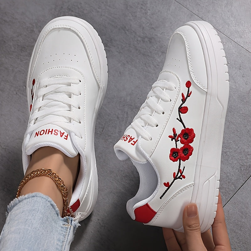 Women's Embroidered Pink and White Casual Sneakers with Floral Design
