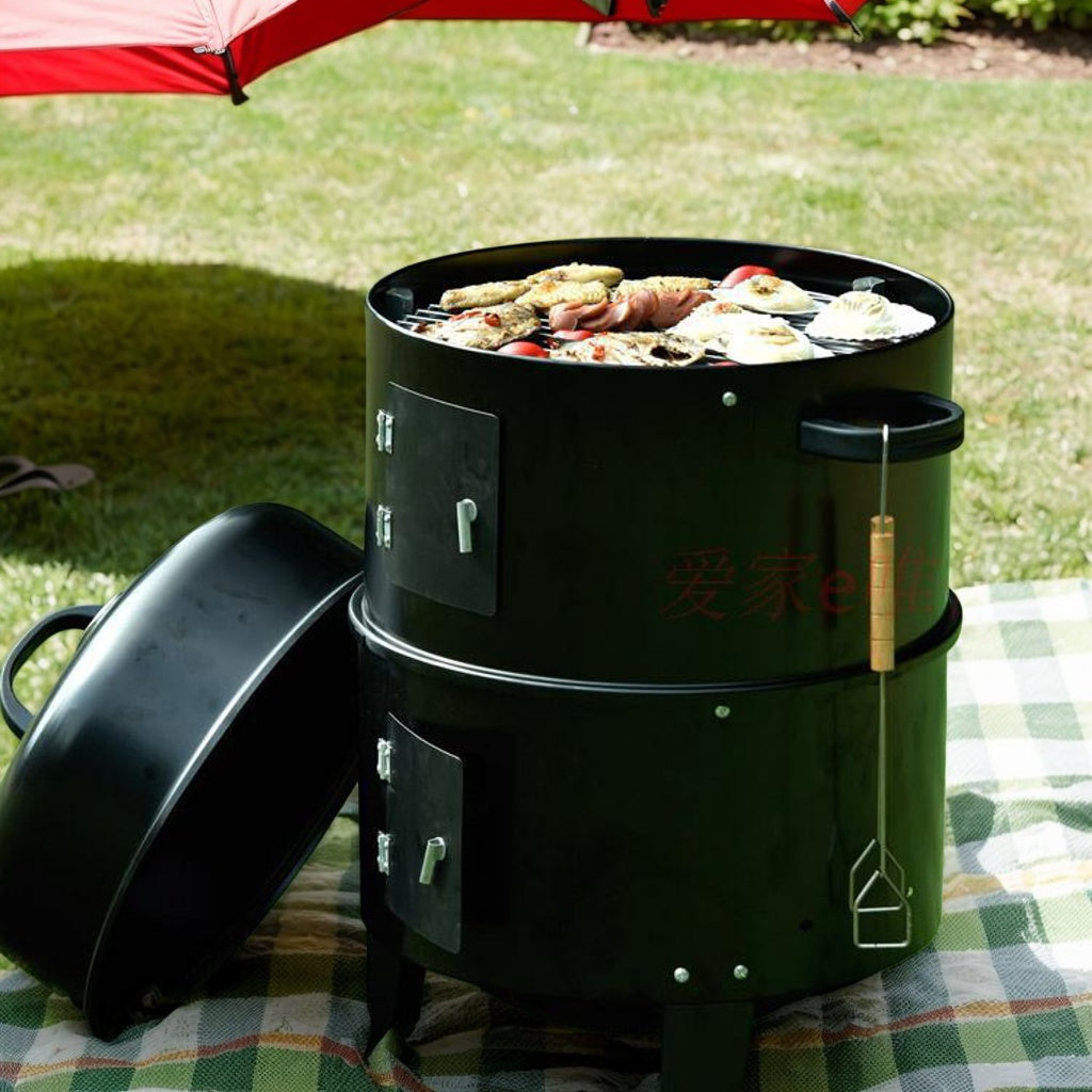 Portable outdoor BBQ grill and smoker with foldable design, integrated smoker box, ideal for camping and tailgating, insulated structure