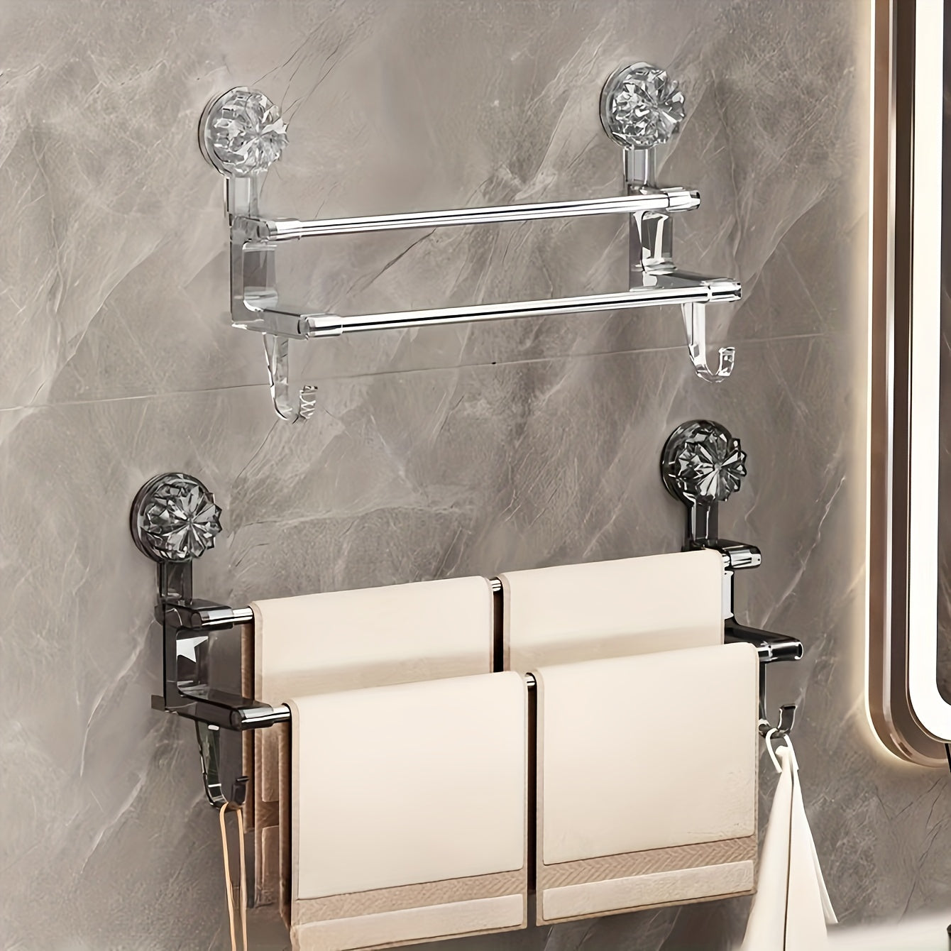 Dual Rod Towel Rack with Suction Cups No-Drill Wall Mount Bathroom Storage Metal Hanging Rod