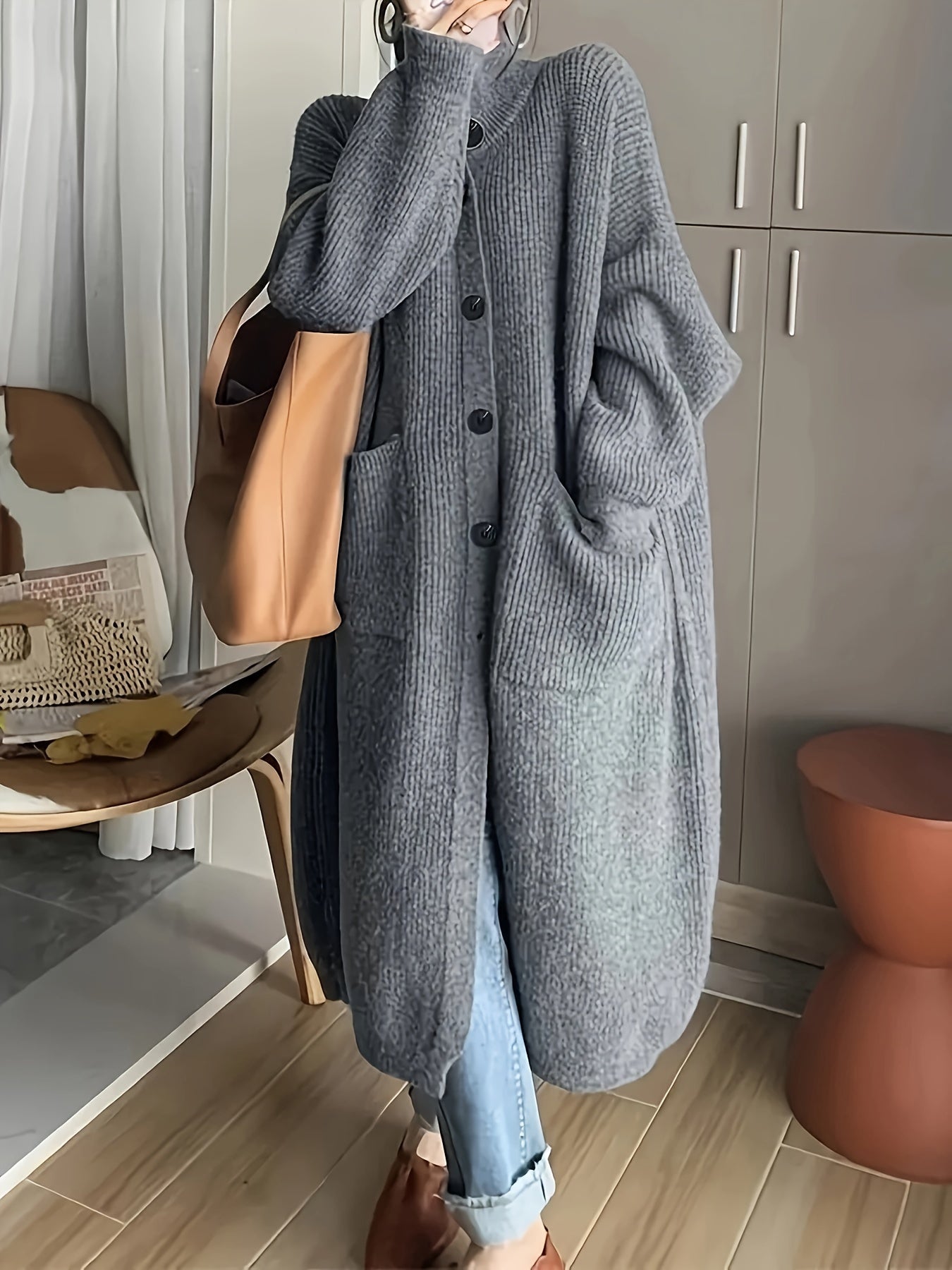 Suéter de punto de talla grande para mujer con manga larga, abertura frontal y bolsillos, otoño e invierno