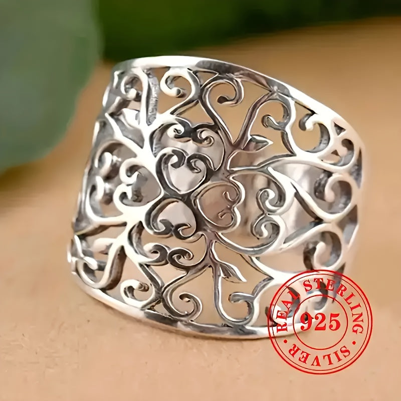 925 Silver Hollow Vine Wide Band Ring with Leaf Pattern Bohemian Jewelry