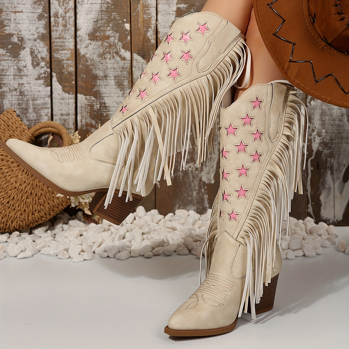 Женские западные ковбойские сапоги с вышивкой со звездой и бахромой, искусственный верх