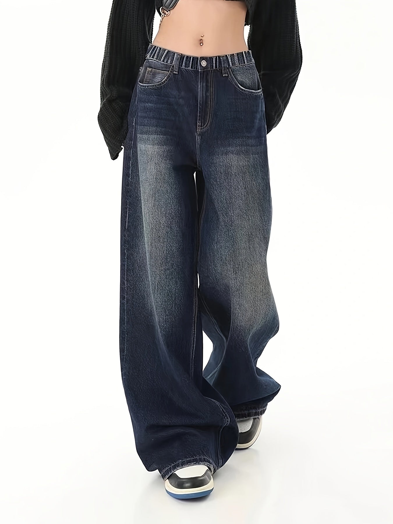 Teen Wide Leg Denim Jeans with Elastic Waist and Side Pockets for All Seasons