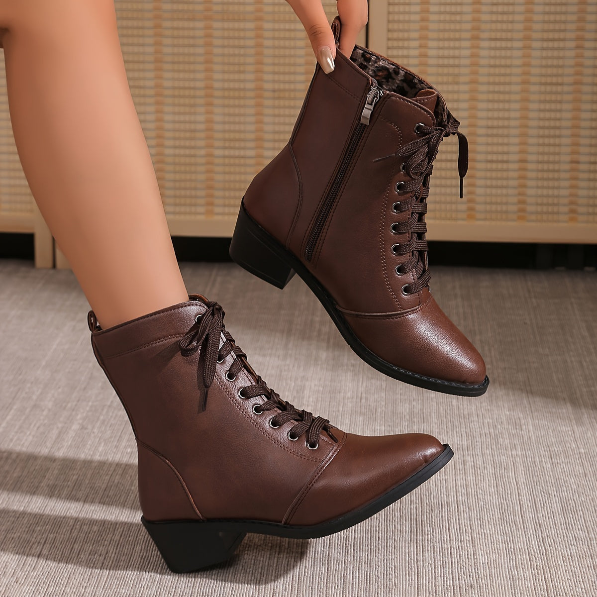 Women's Velvet Lined Mid-Heel Combat Boots with Side Zip and Chunky Heel
