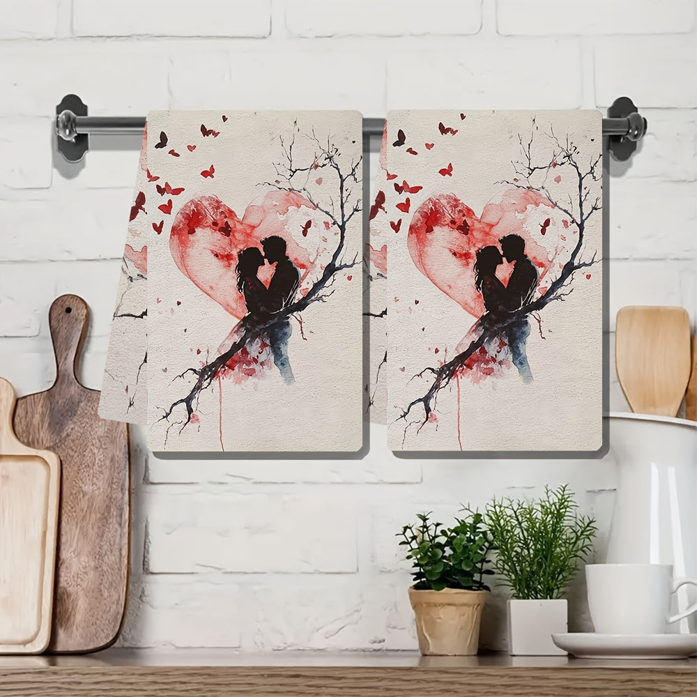 Set of 2 Soft Kitchen Towels with Heart and Butterfly Design 40x60cm